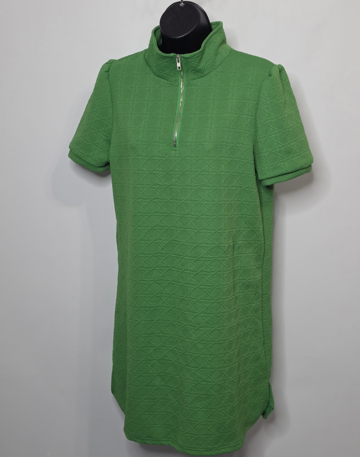 Vintage Handmade Green Textured Mod GoGo Mini Dress Short Sleeve Zip Neck L