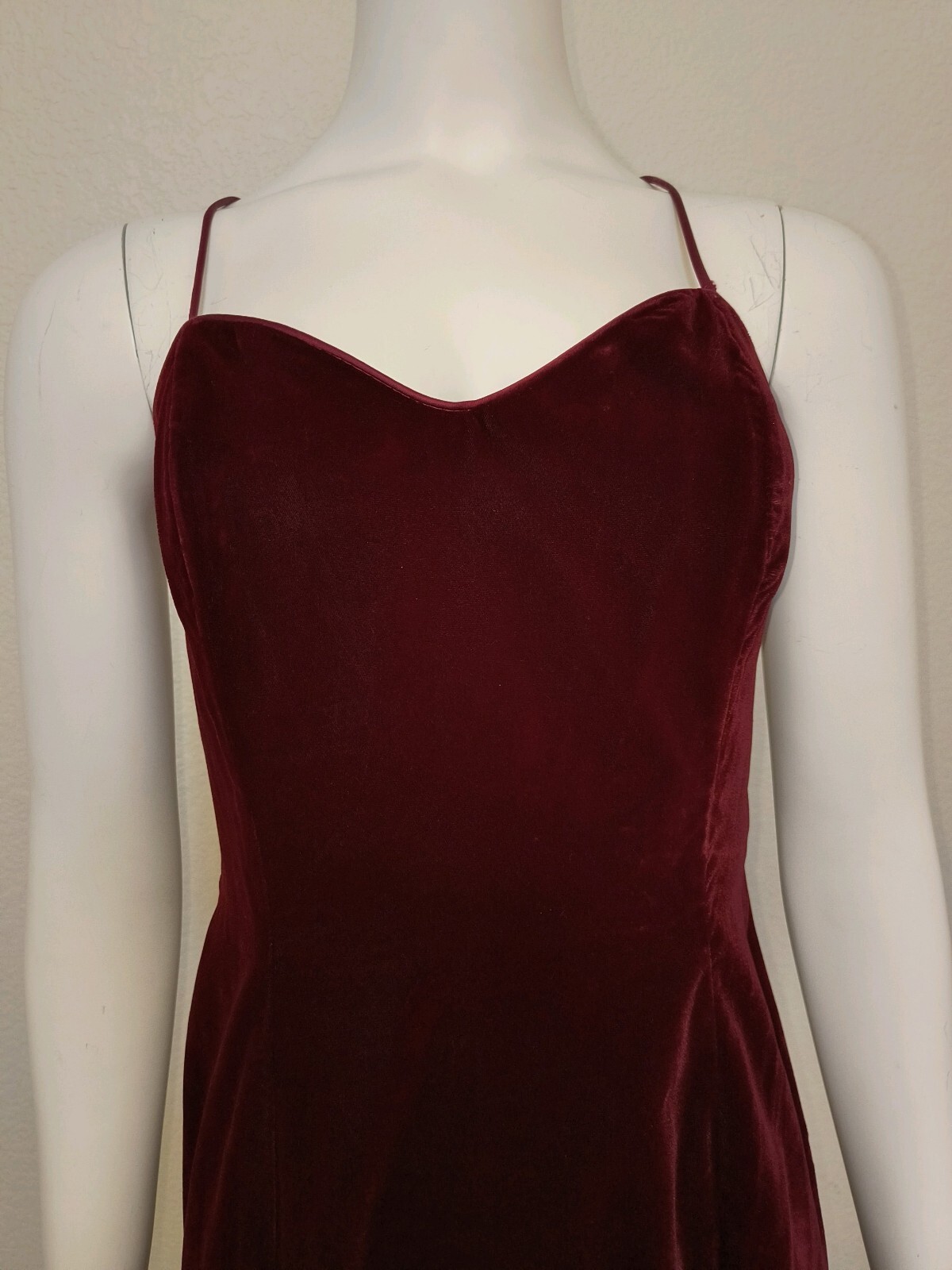 1990s L.A. GLO Burgundy Velvet Long Cabaret Gown w/ Leg Slit, Sz 9-10