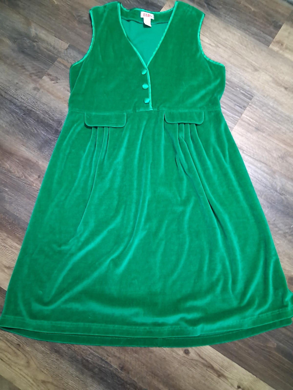 Fads Vintage 90s Green Velour Midi Jumper Dress Large Petite Teacher Cottage