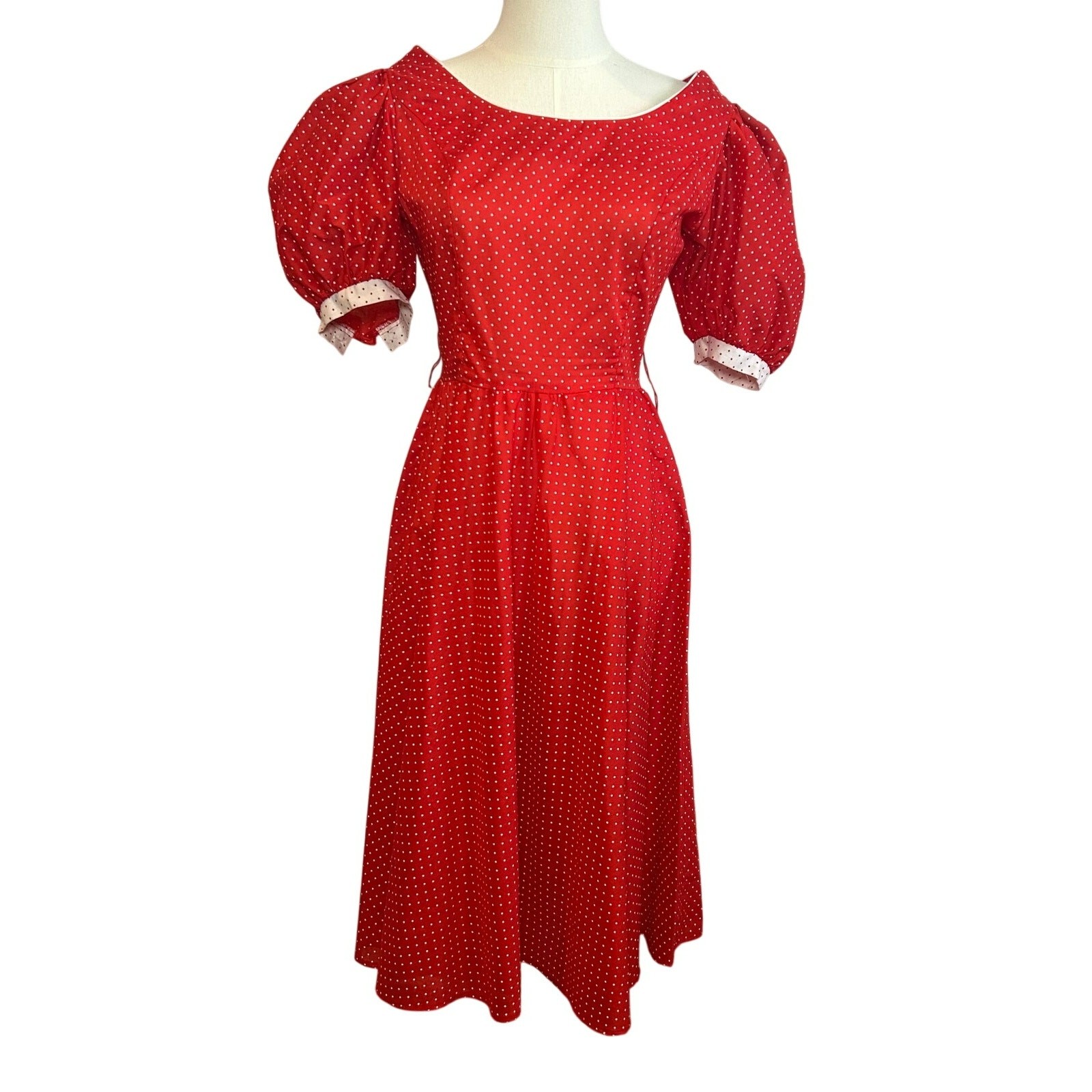 VTG 80s S.L. Fashions Polka Dot Puff Sleeve Midi Dress Red White Size 9
