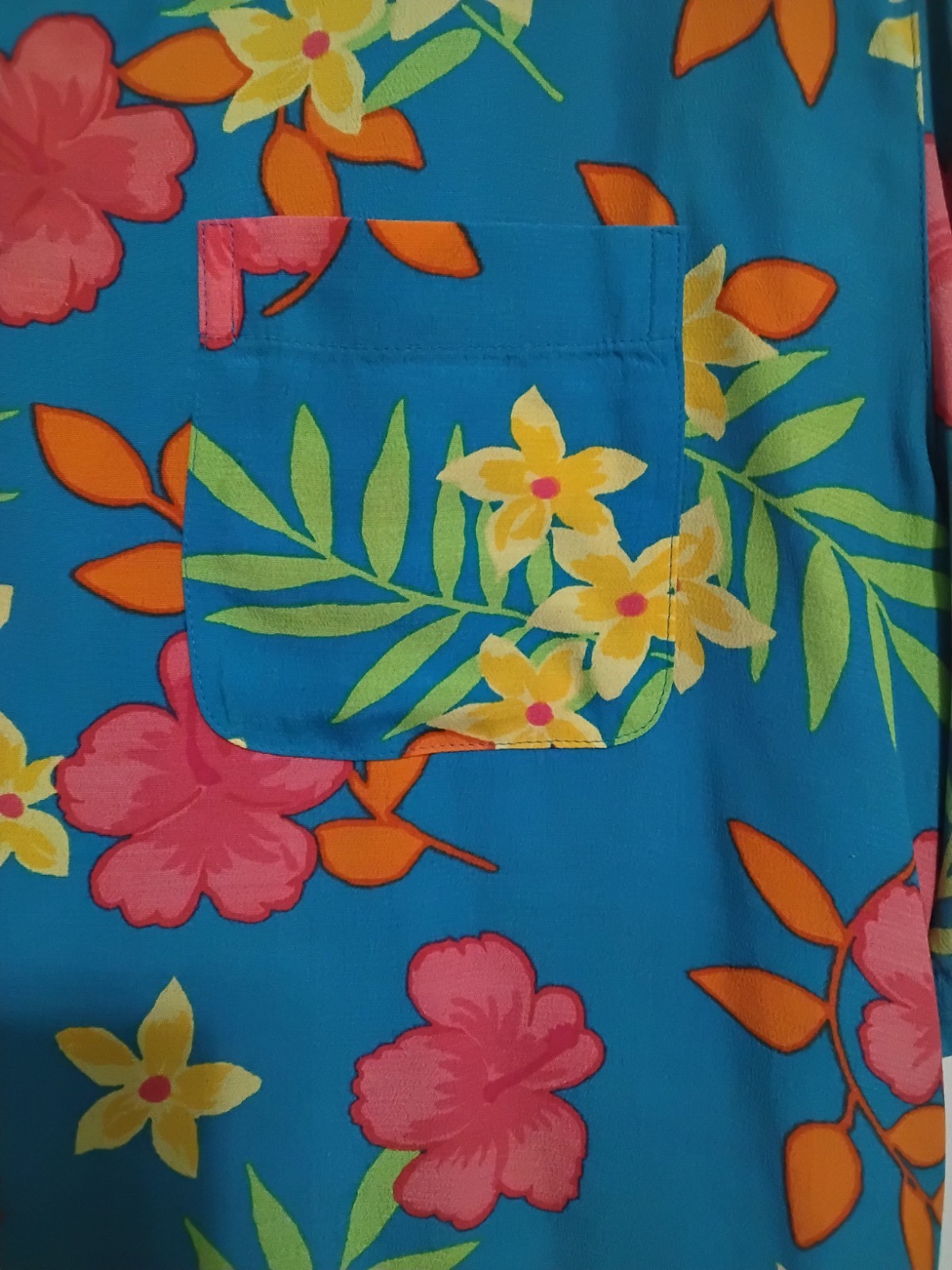 Vintage Marsh Landing Hawaiian Blouse Turquoise Tropical Orange Florals Large