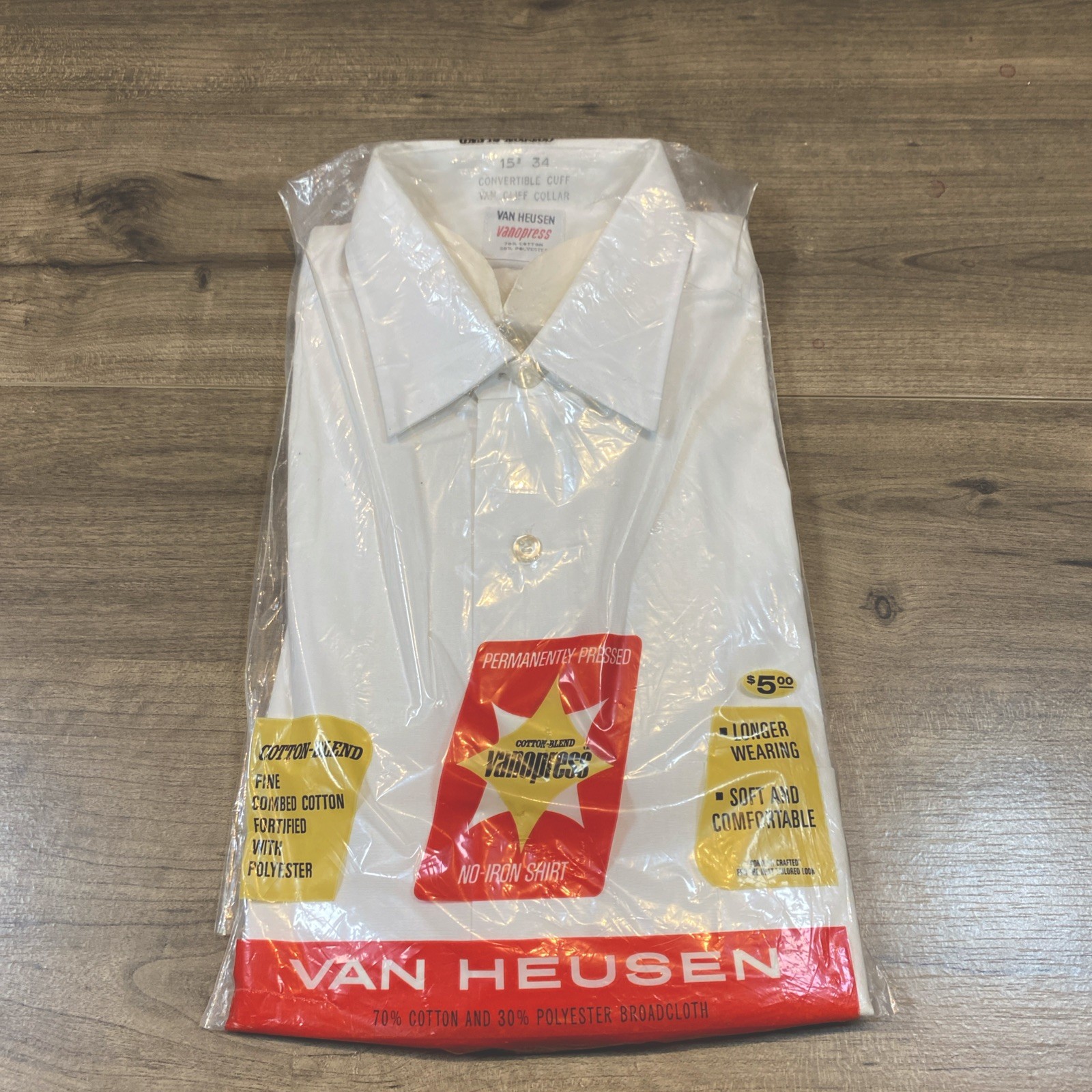Vintage NWT 1970s Van Heusen Vanopress No Iron Van Cliff Collar White Shirt NOS