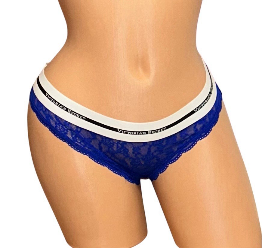 Victoria’s Secret Low Rise Bikini Blue Sheer Lace Logo Band Panties M NWT