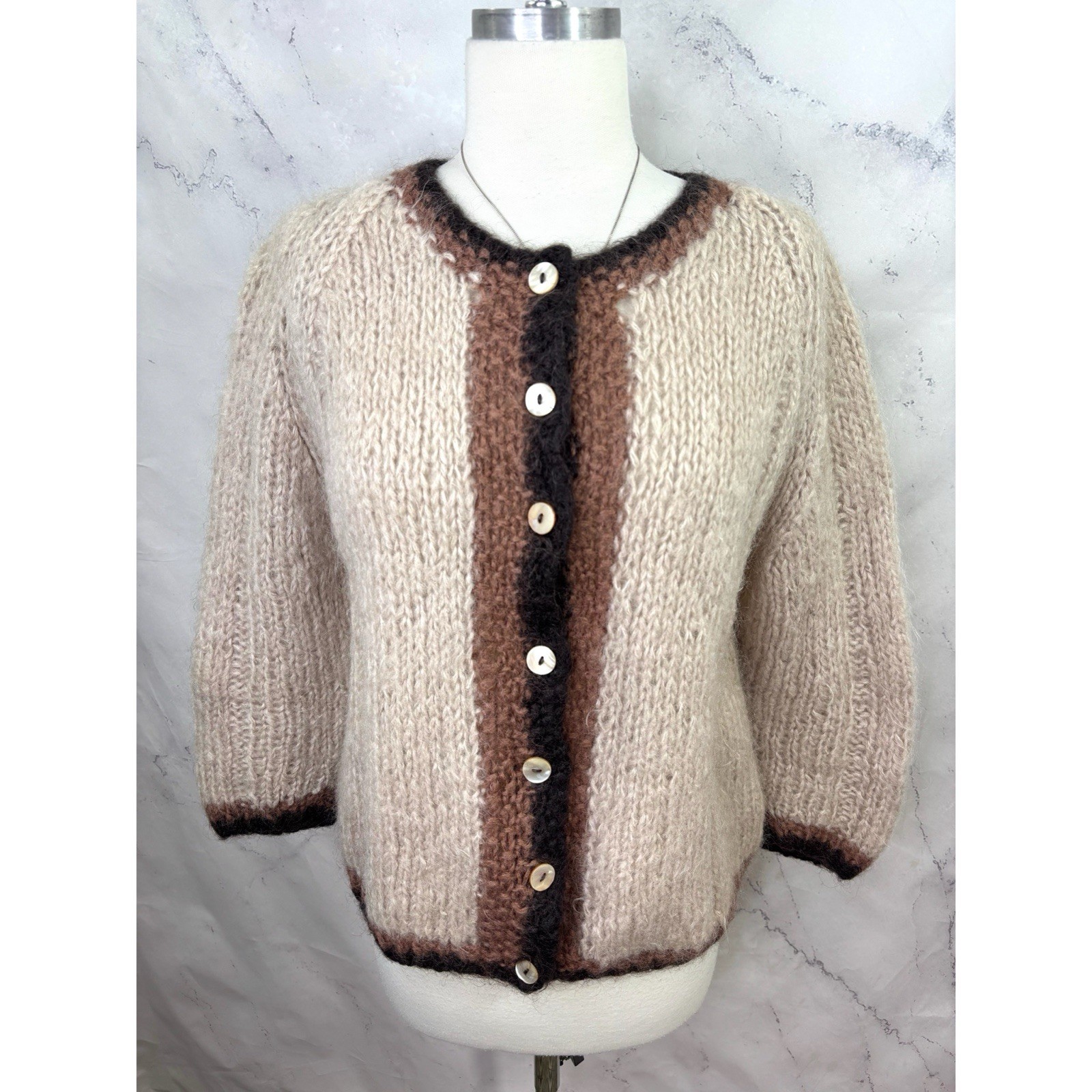 Vtg 70s 60s Famelia Italian Mohair Wool Chunky Cardigan Sweater Hand Knit Retro