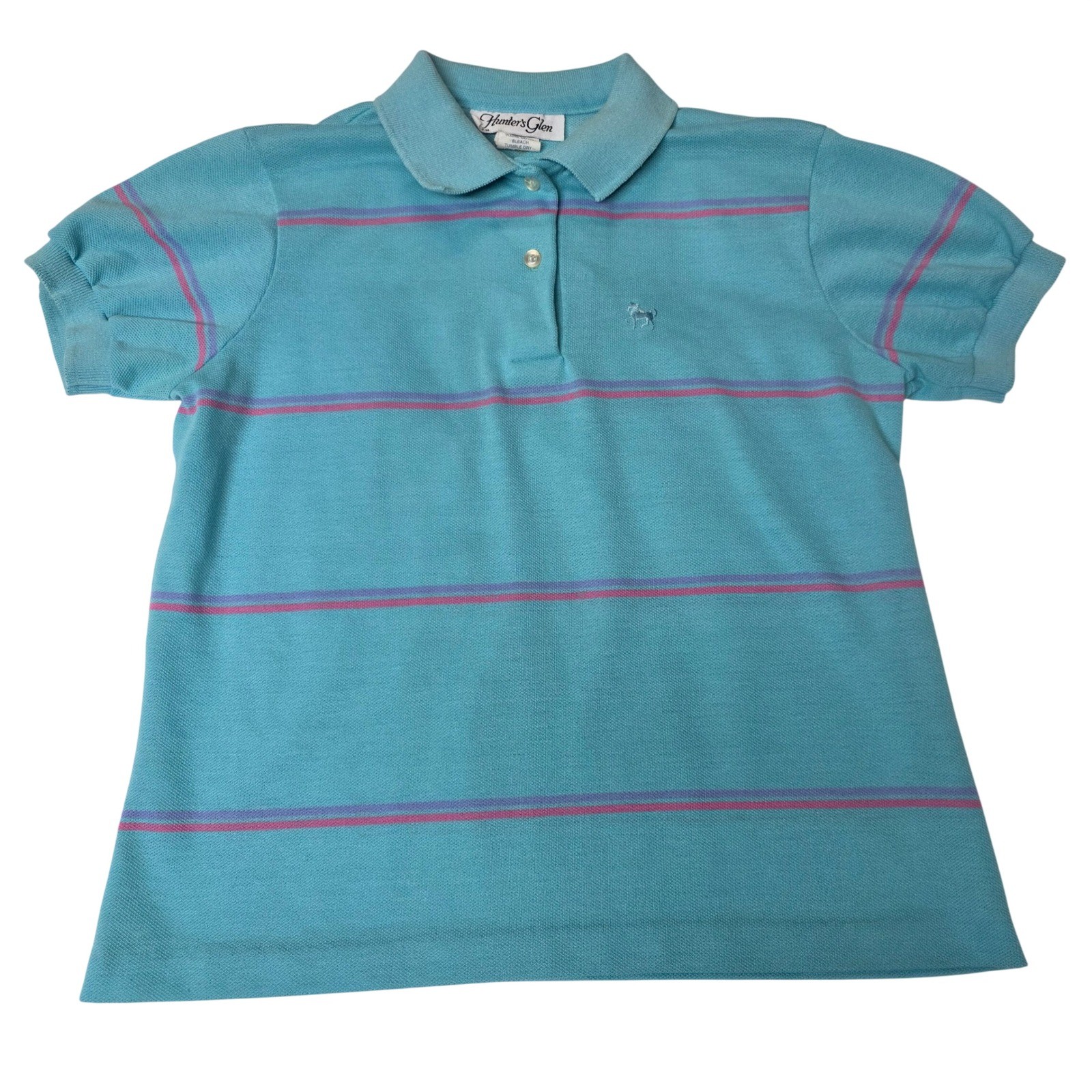 Vintage Hunters Glen Polo Shirt Large Womens Turquoise Striped Short Sleeve, GUC