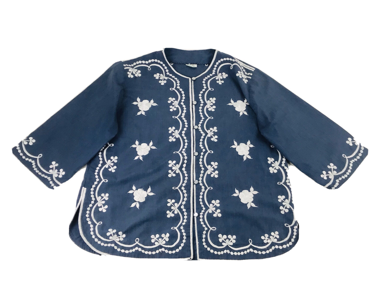 Sz 12 Vtg Caro Of Honolulu Mandarin Collar Loop Button Up Embroidered Blue Tunic
