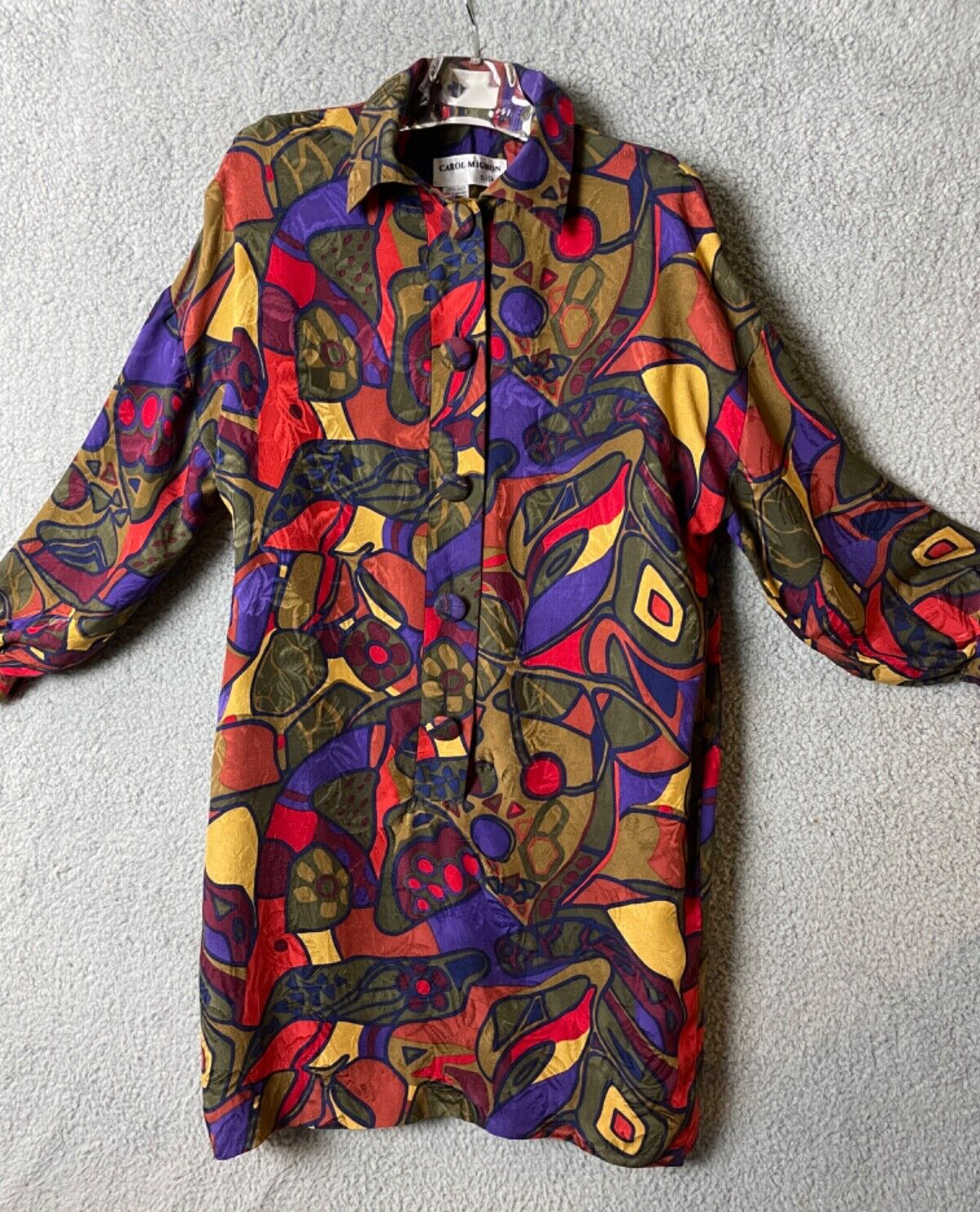 Vintage Carol Mignon Silks Dress 10 Multicolor Abstract Buttons Shift Tie VTG