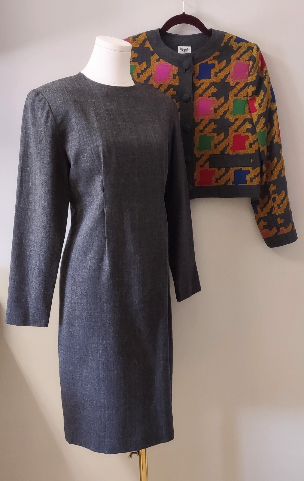 Vintage 80’s Gray Wool Blend dress Nipped Waist Colorful Blazer Set Paquin 6
