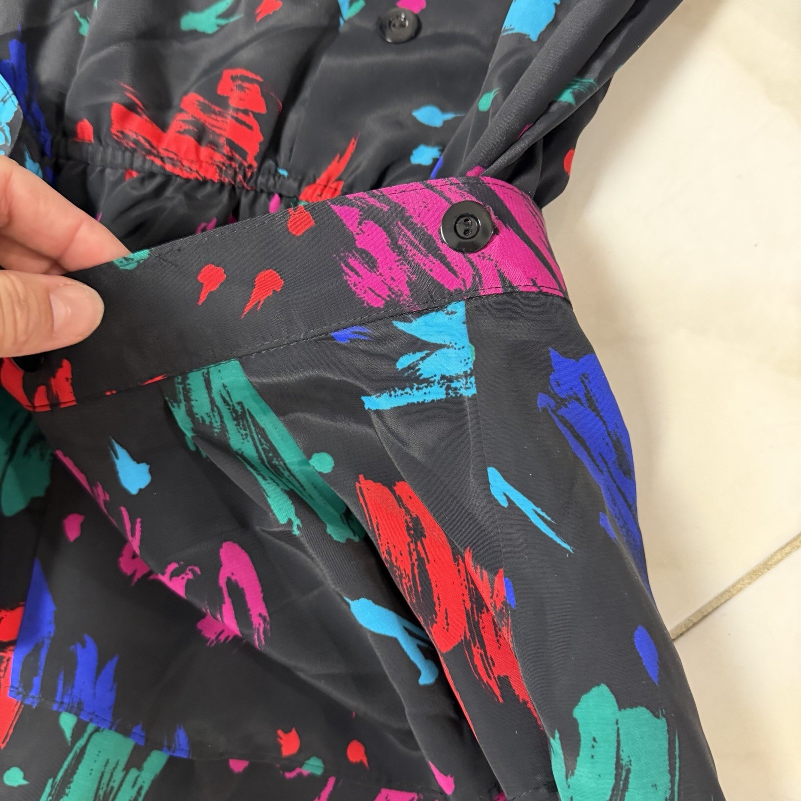Vintage 80s LANZ Abstract Brushstroke Midi Dress Belted Peplum Pockets Small ?