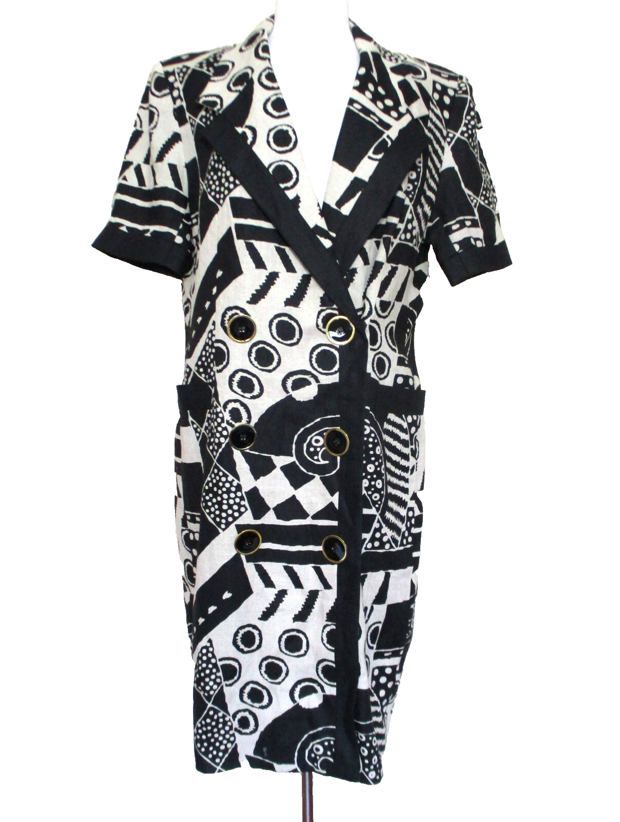 Vintage Rickie Freeman Teri Jon Dress Size 14 Women Beige Black Print Linen
