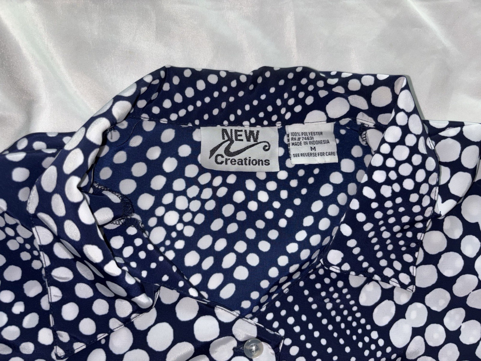 Vintage Dark Blue Polka Dot Blouse White Spots Pinup Shirt Collar Medium Poly