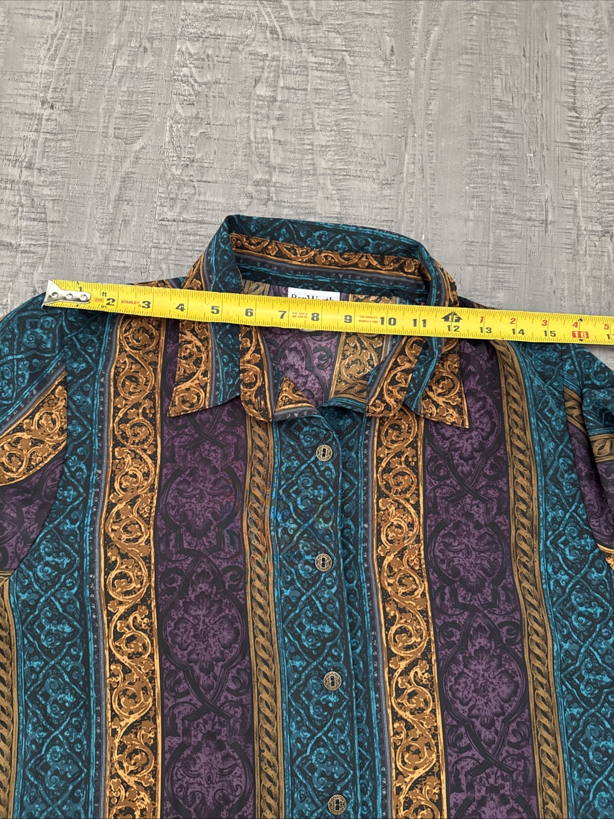 Vintage Bon Worth Blouse Teal Purple Gold button down, long sleeve medium petite