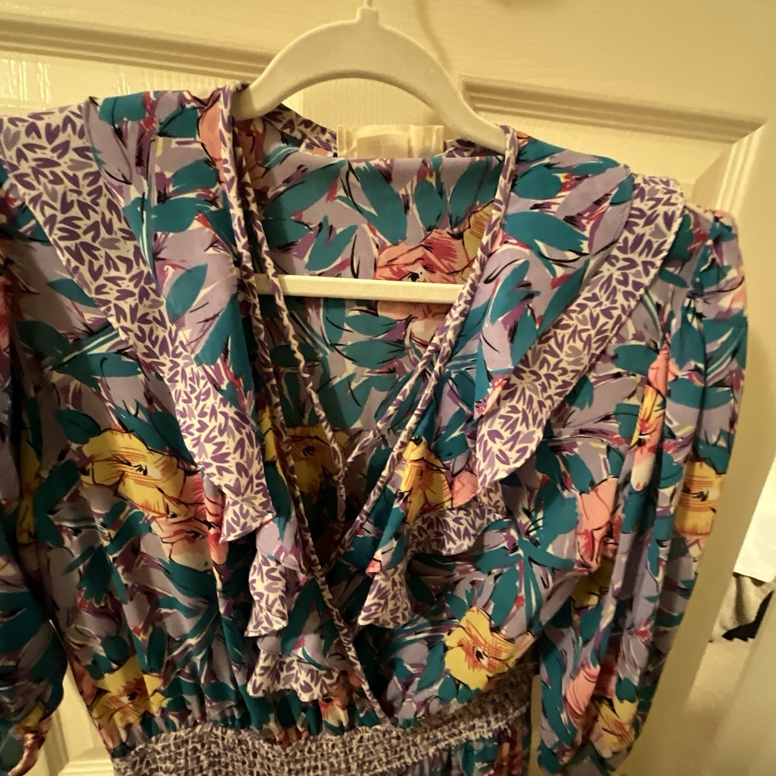 Vintage Susan Freis lavender/aqua Floral Ruffled Dress, Size Small VGUC