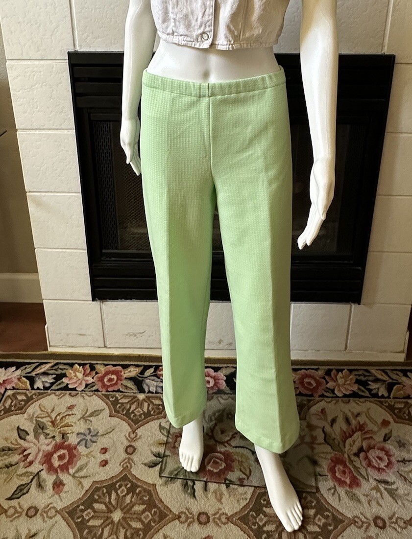 Green Plaid Polyester Pants 31×28 Lightweight Elastic Waist Vtg 70’s