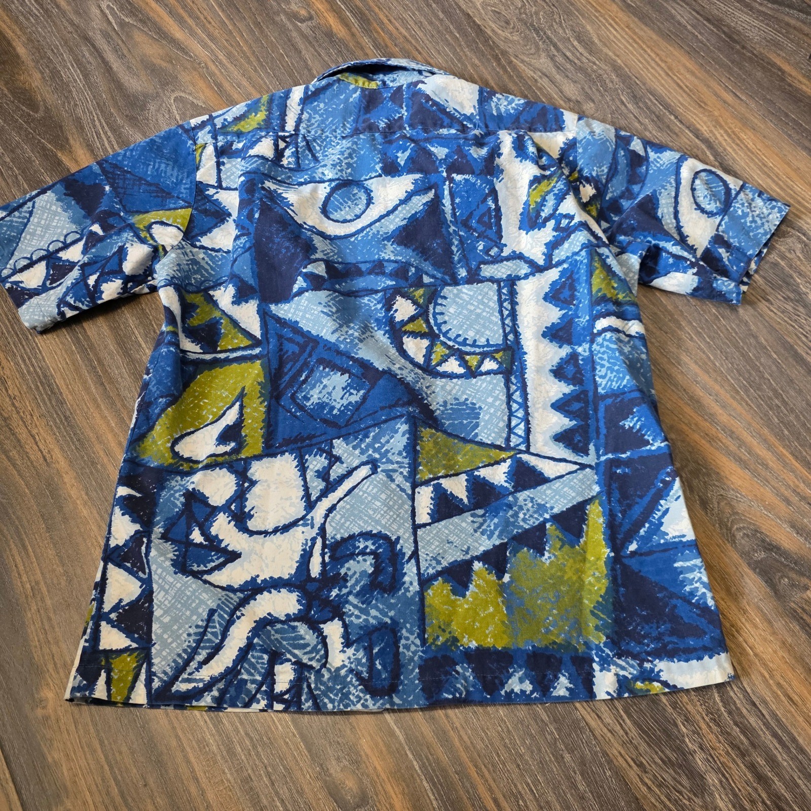 Vintage Kona Kai Jantzen Hawaiian Shirt Blue Geometric Abstract MCM 1960s 70s M