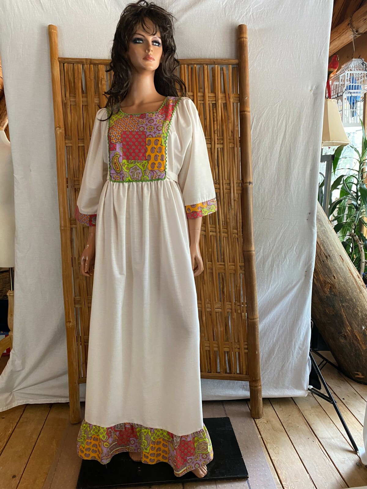 VTG 60s Maxi Dress Cream & Psychedelic Waist Ties 3/4 Wide Sleeve Hippy Boho S/M