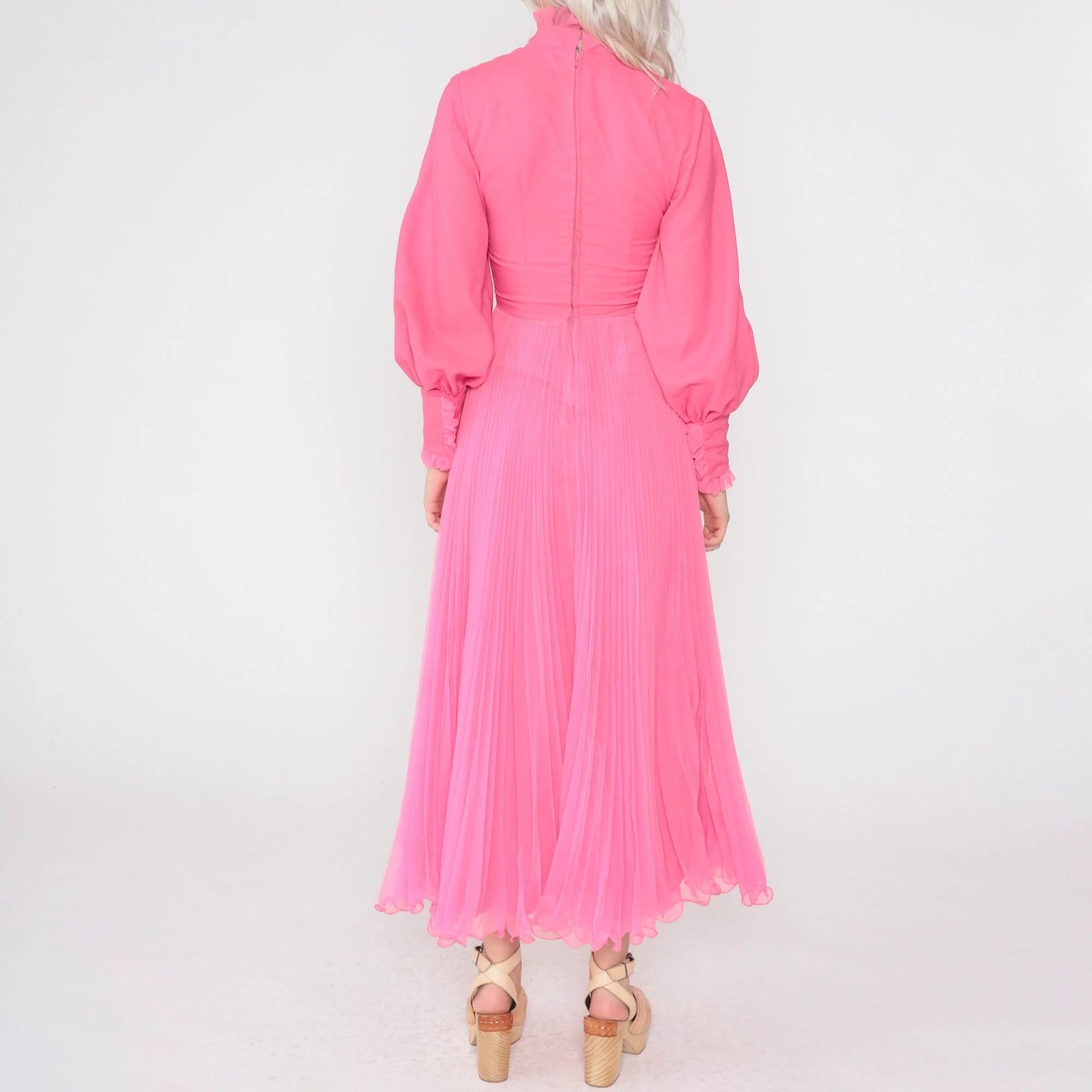 Hot Pink Dress 70s Maxi Dress Long Balloon Sleeve High Neck Ruffled Pleated Chif