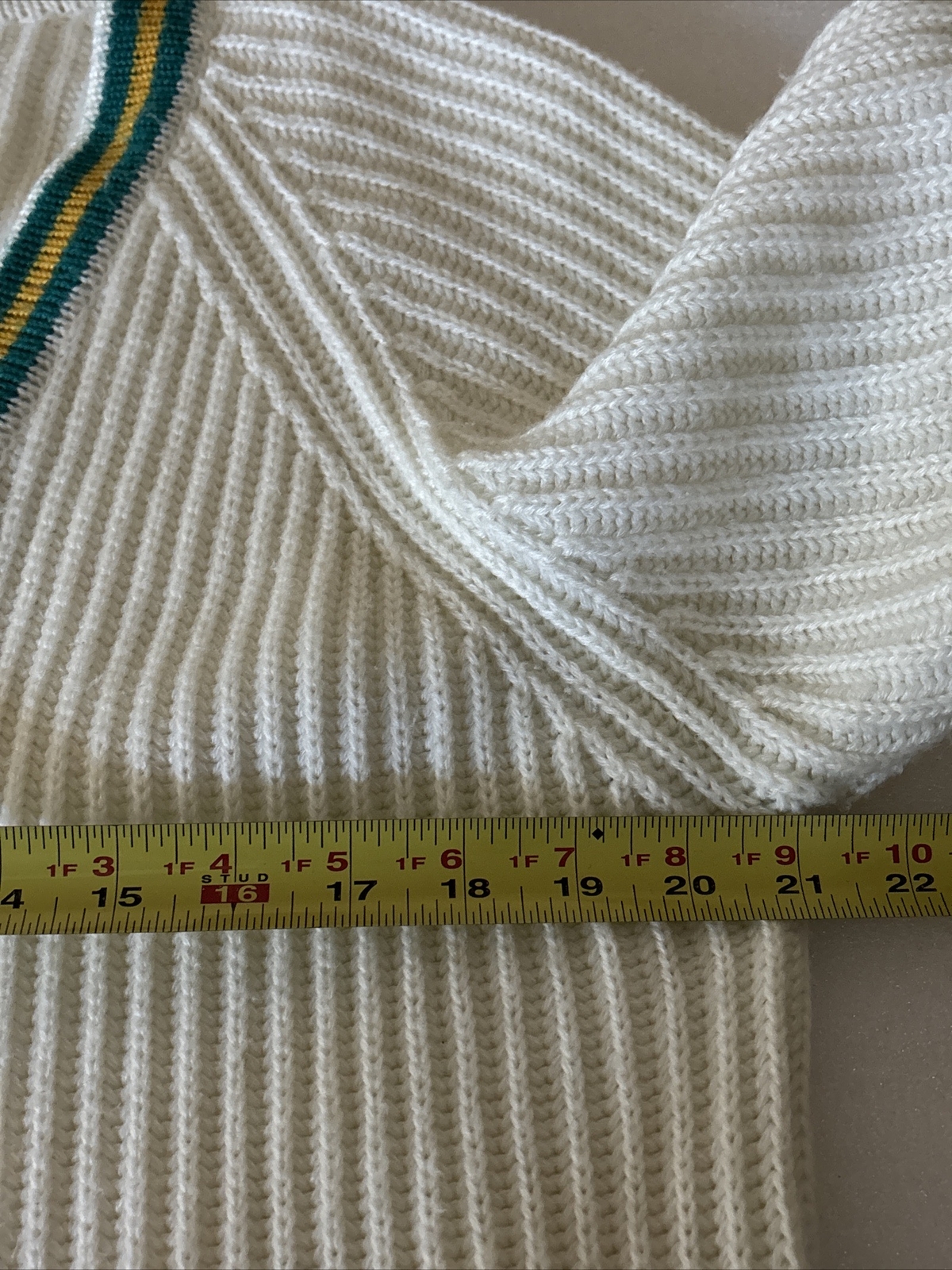 Vintage 80s Cardigan Sweater White Green Gold V Neck Pockets Preppy Woman’s 22W