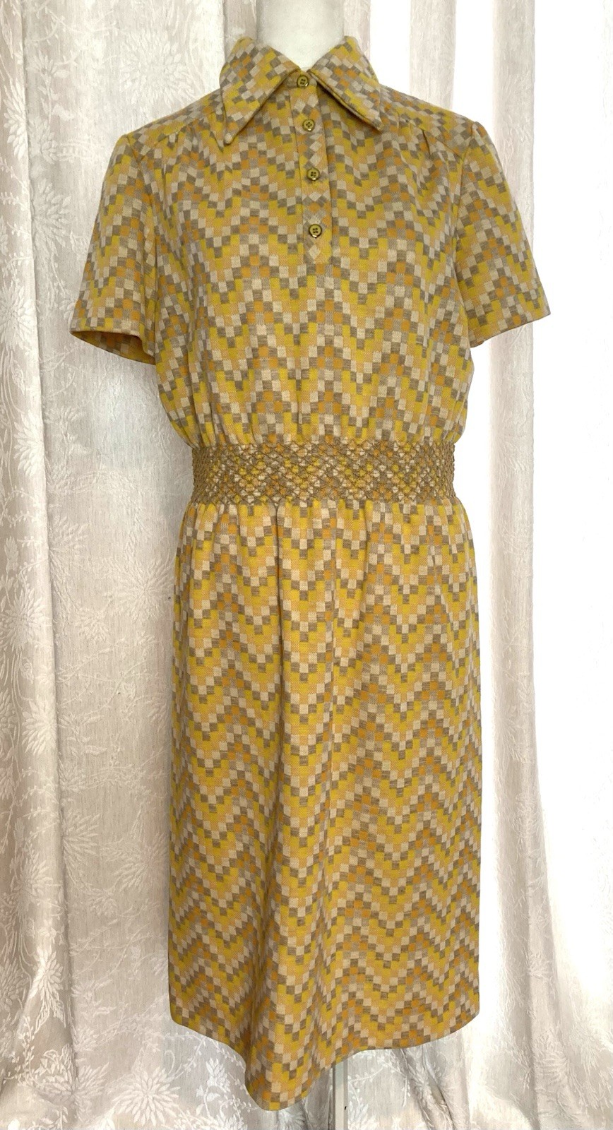 Vintage Shirt Dress 60s 70s Smocked Waist Yellow Made In USA By ILGWA M/L