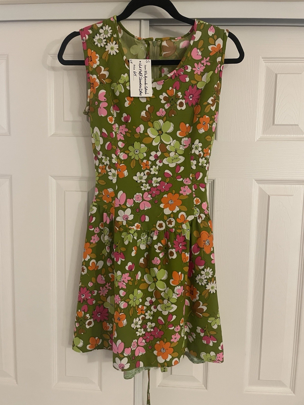 Vintage 60s 70s Mod Floral Dress Small Avocado Green Pink Sleeveless Retro