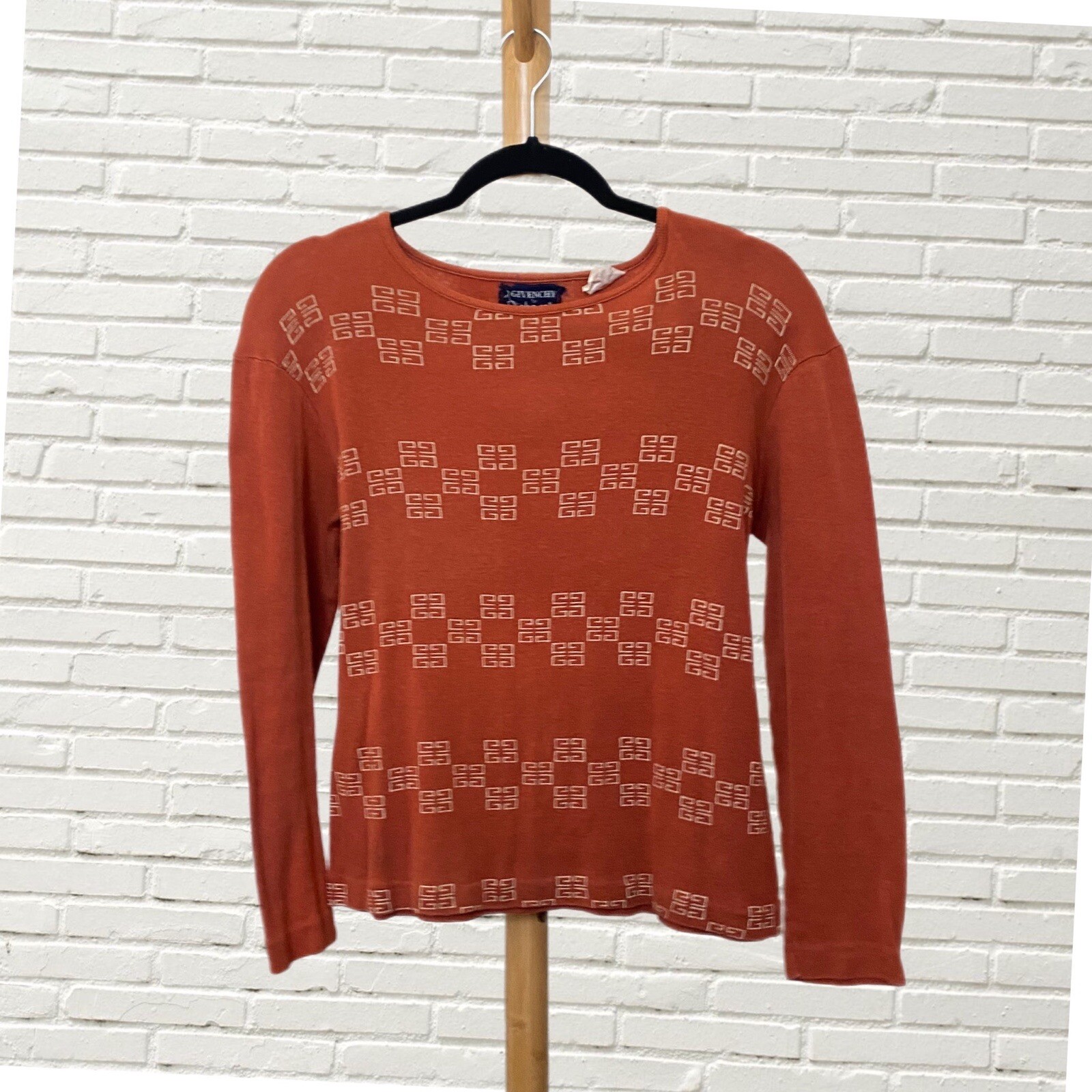 Vintage 70s Givenchy Shirt Long Sleeve Orange Logo Graphic Size M Hippie
