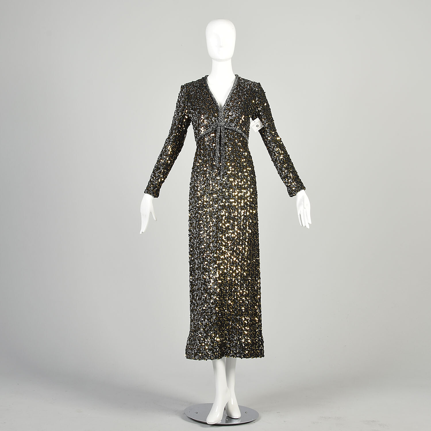 XS 1970s Black Dress Bronze Sequin Silver Lurex Long Sleeve Evening Maxi