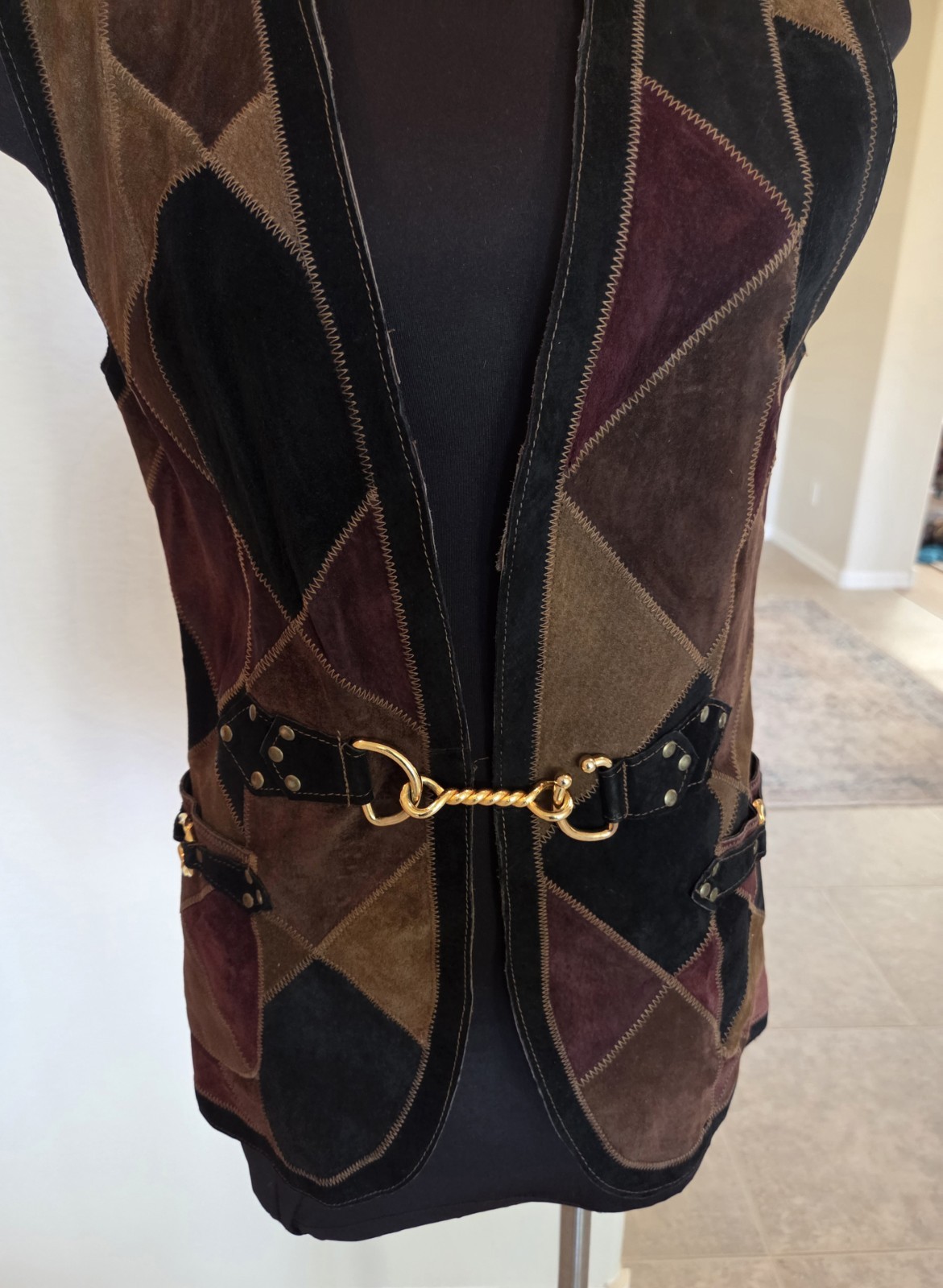 Vintage 70’s Cordoba Patchwork suede Vest W Horse Bit Closure Medium