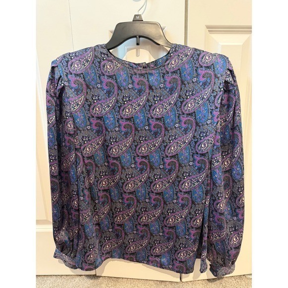 Vintage Tess Paris-Milano Paisley Blouse Purple Blue 80s Retro Glam Puffy Sleeve
