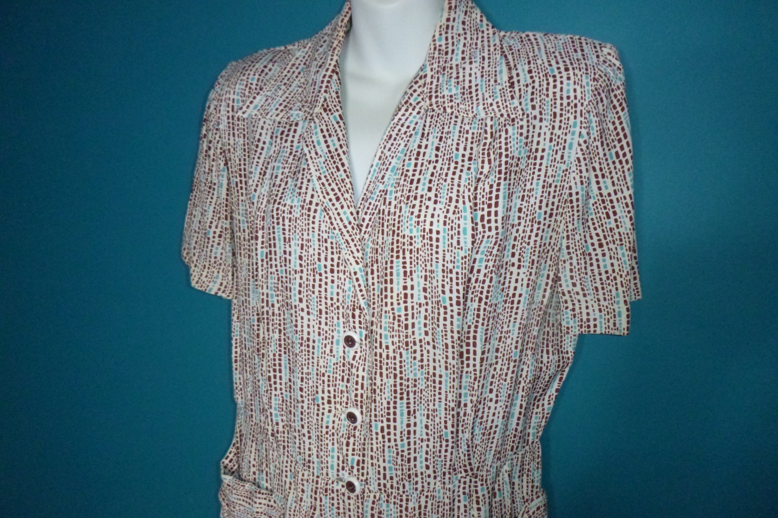 Vtg 40s 50s Cay Artley Rayon Shirt Dress Brown Aqua Geometric VOLUP Sz XL