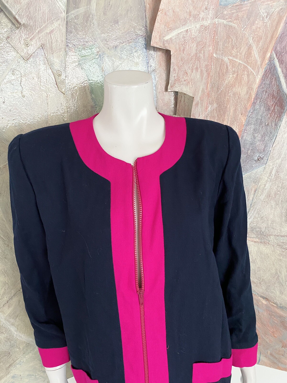 Vintage Henri Bendel Neon Pink Blue Wool Shift Zippered Pocketed Dress Size 8