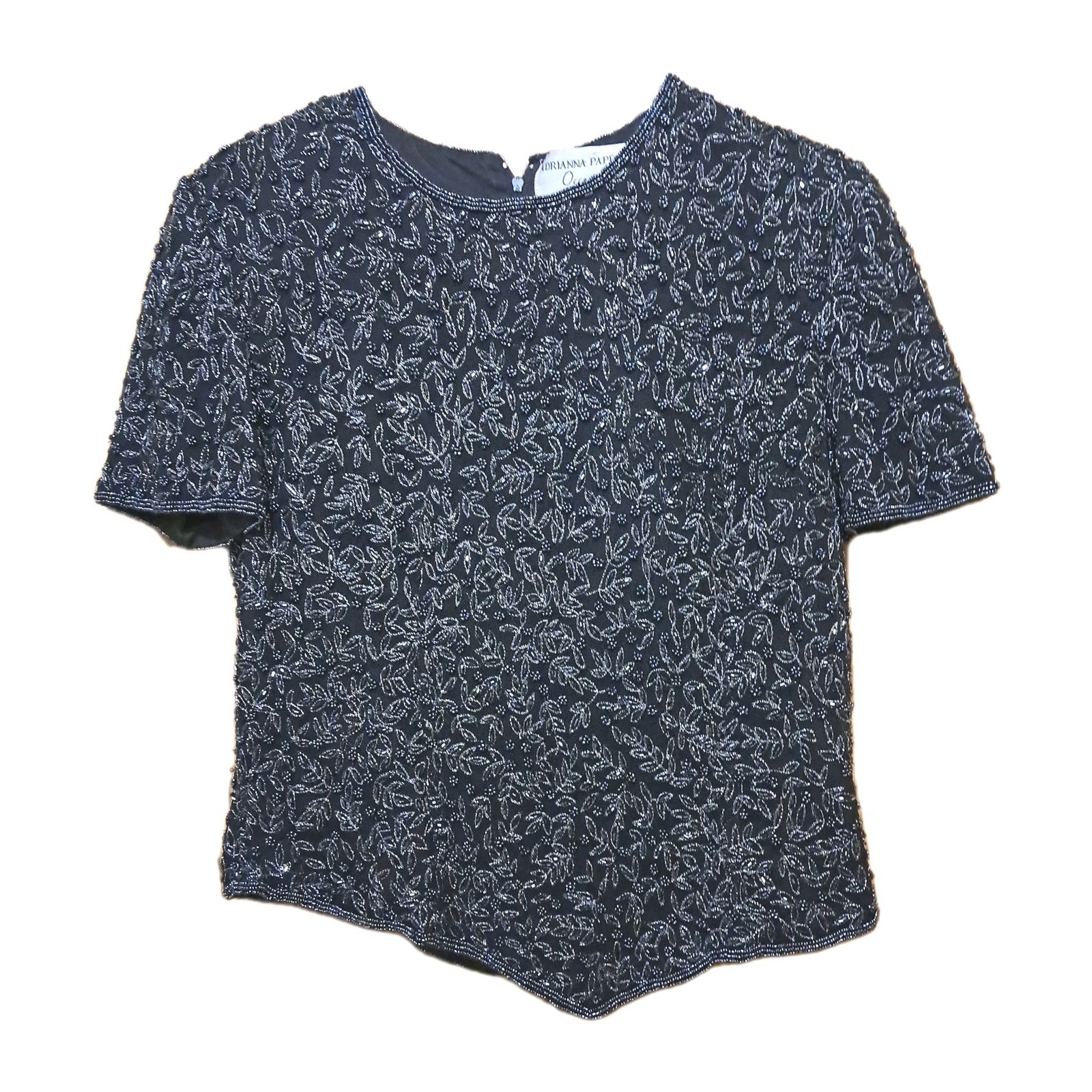 Papell Boutique Evening Vtg NAVY Embroidered & Beaded 100% Silk Top Sz 4
