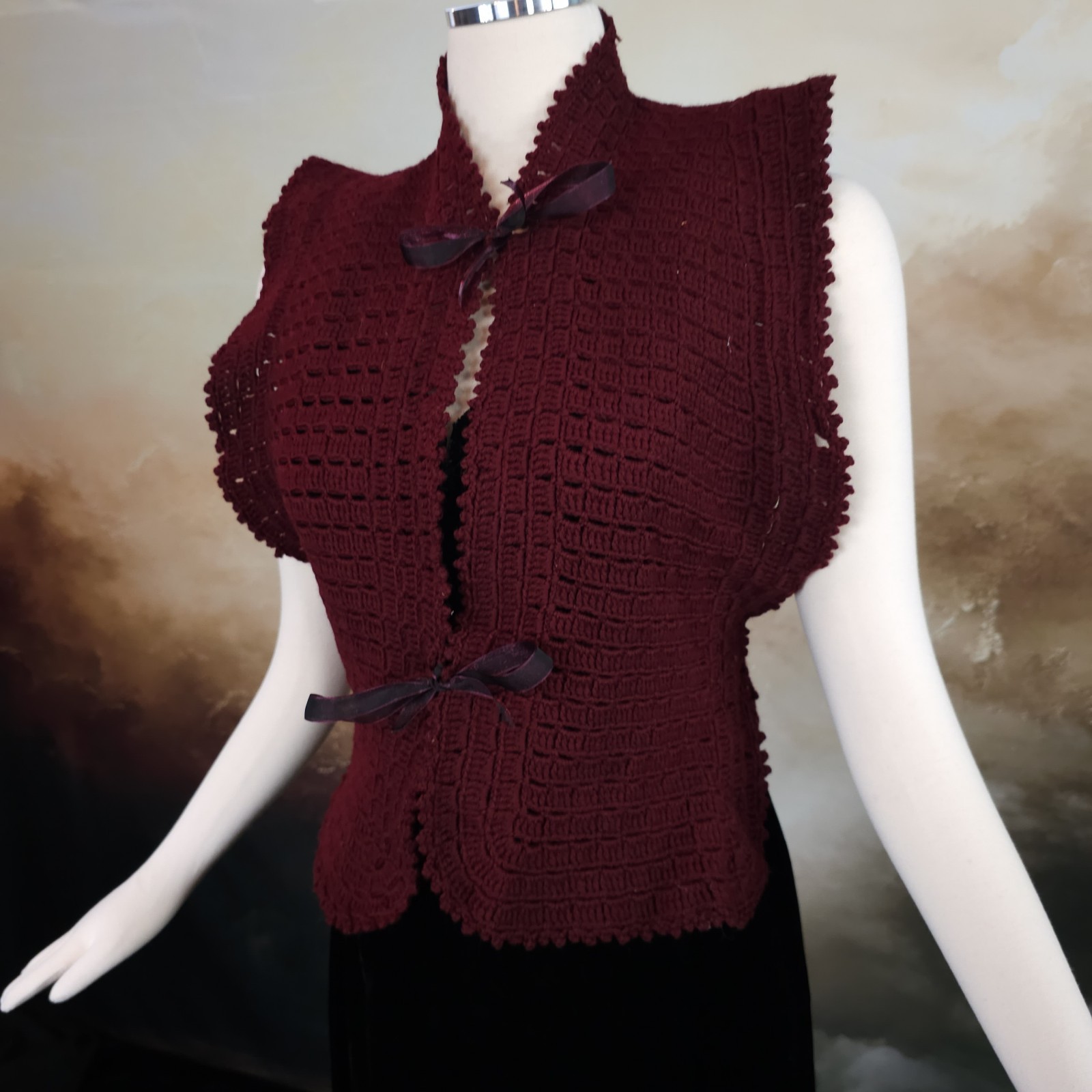 Burgandy Red Crochet Antique Vest 1920s 1930s Art Deco Sweater Shawl Bow Ties…