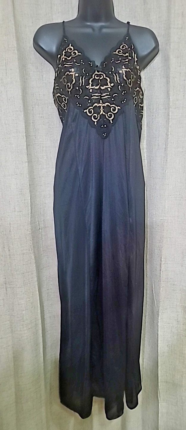 Vtg Soft Moments NY Long Nightgown Black Gold Nylon Lace Bodice Slit Md