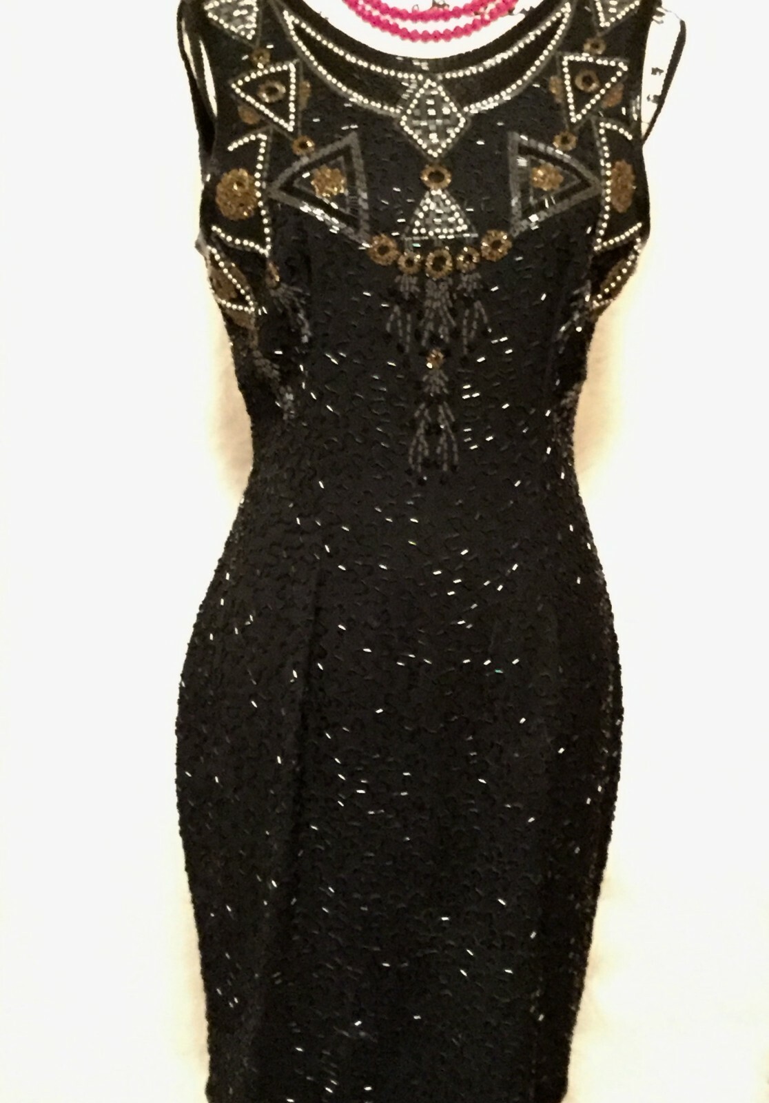 Vintage A.J. Black Formal Dress Gold and Silver Beaded Size 8 100% Wool