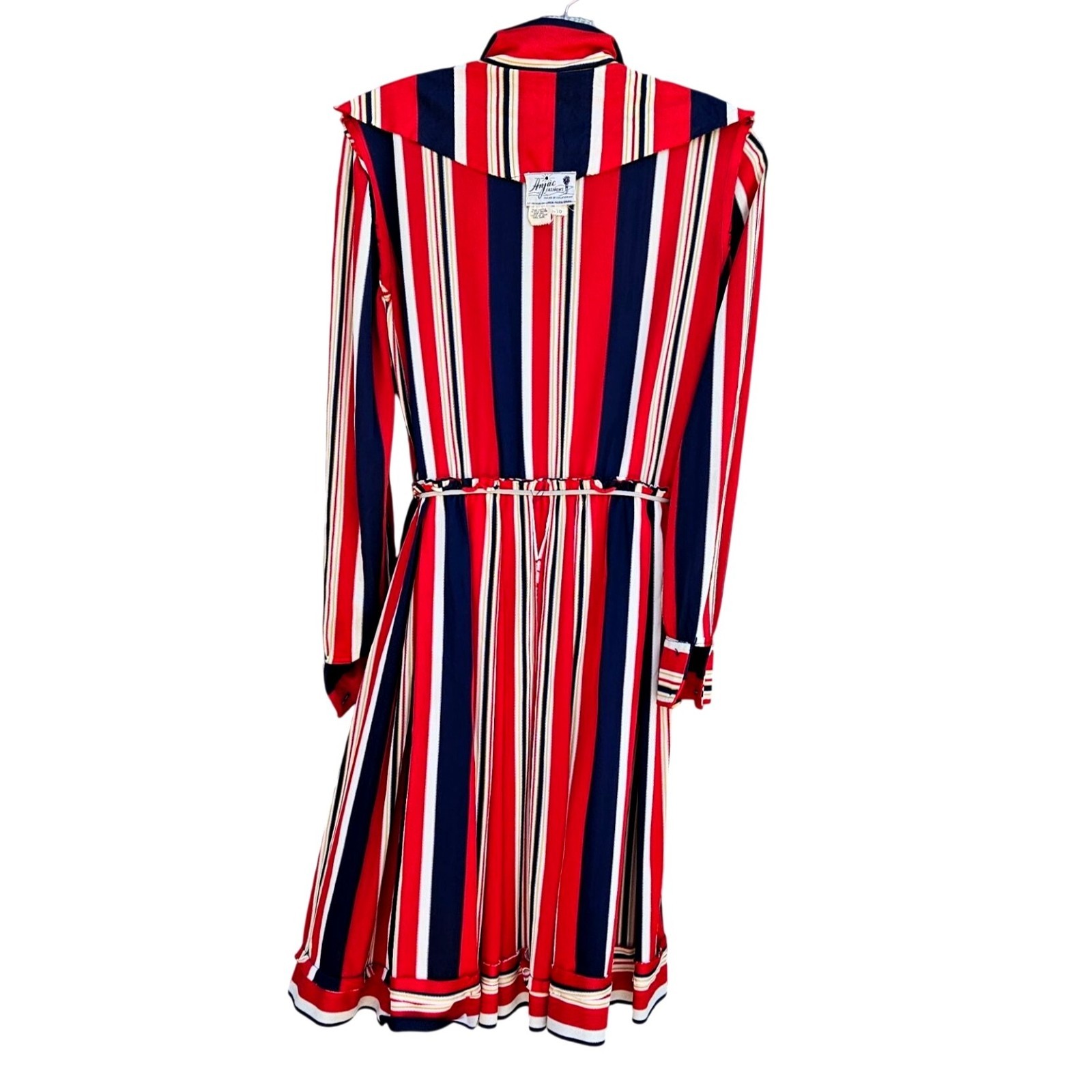 Vintage 70s California Stripe Nylon Knit Dress Red White Blue Zip Front Womens M
