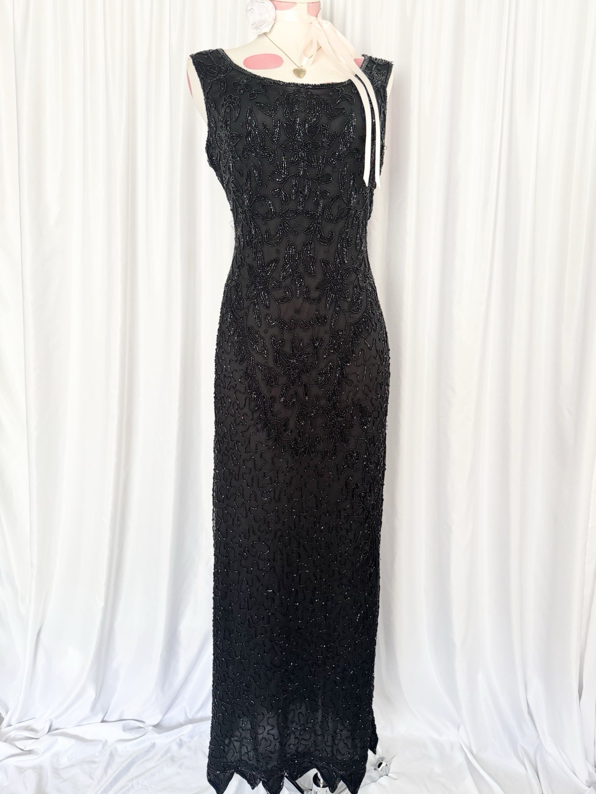 Vintage 90s Black Beaded Fairy Formal Gown Dress Maxi Evening Prom Silk XL