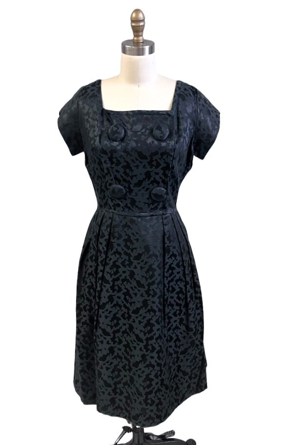 VTG 1960s Black Damask Cocktail Dress NWOT Square Neck Buttons Full Skirt S/M