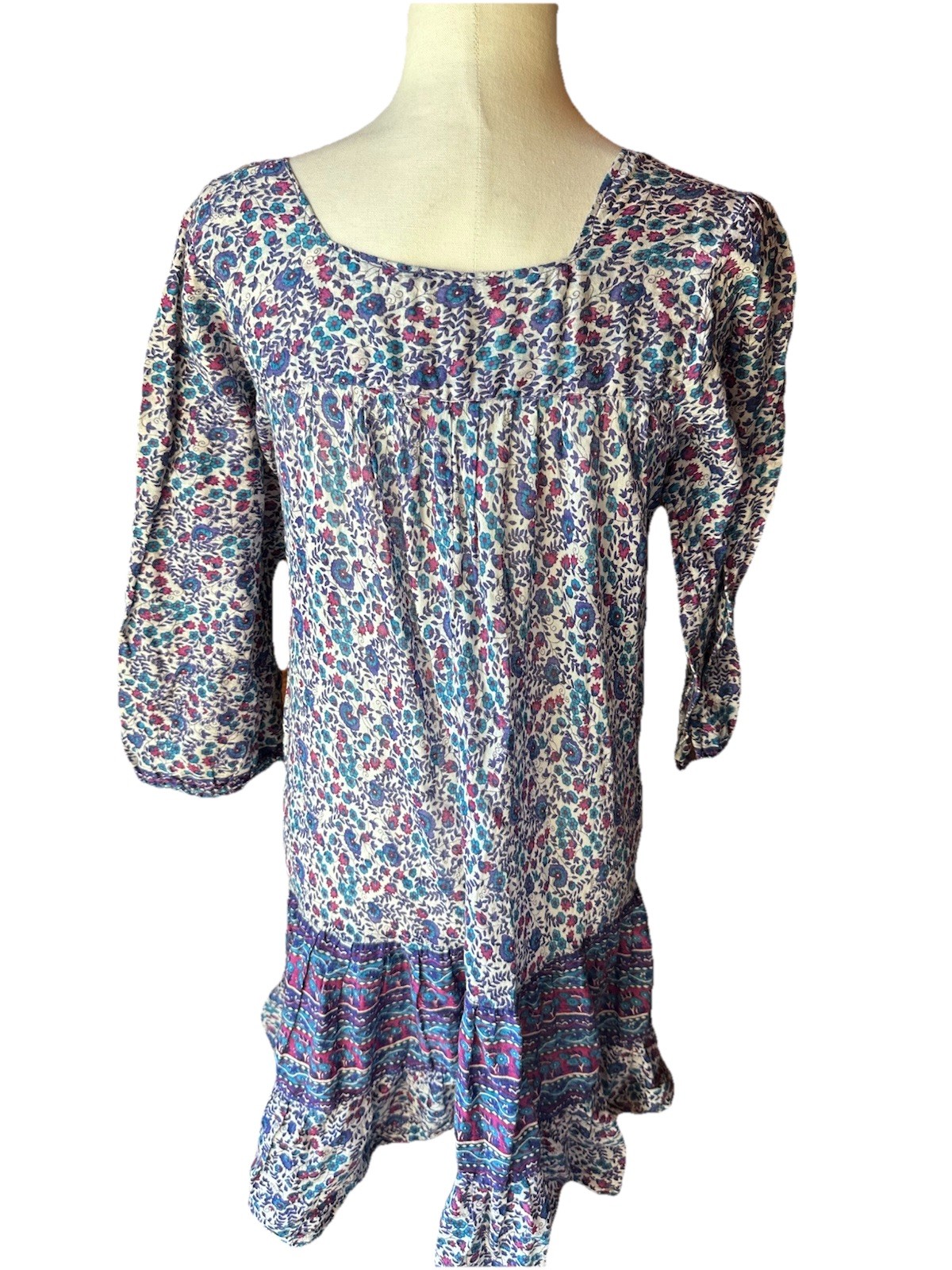 Vtg 1970s INDUS Block Print India Dress Super Lightweight Cotton Sz S/M