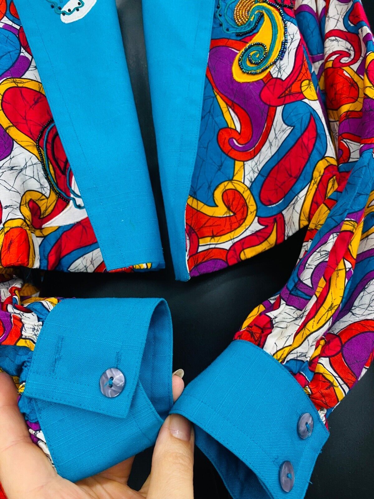 Vintage 1980s colorful crop jacket silk beaded teal oversized lantern sleeve top