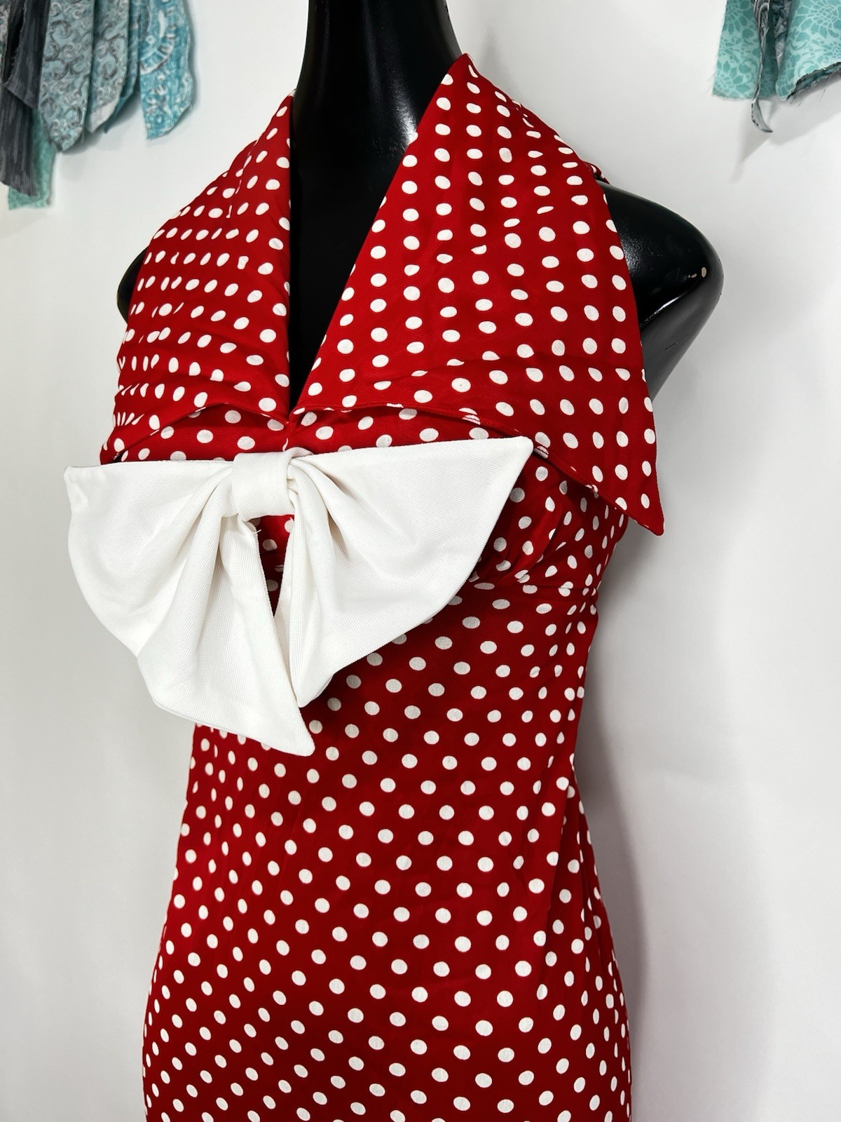 Jack Hartley Miami Vintage Dress Red White Polka Dot Sailor Stretch Halter Maxi