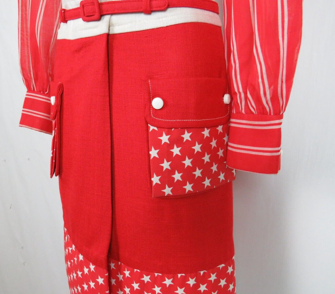 VTG 1950s HOWARD WOLF RED SHIRT DRESS WHITE STARS STRIPES BELT LINEN BLEND