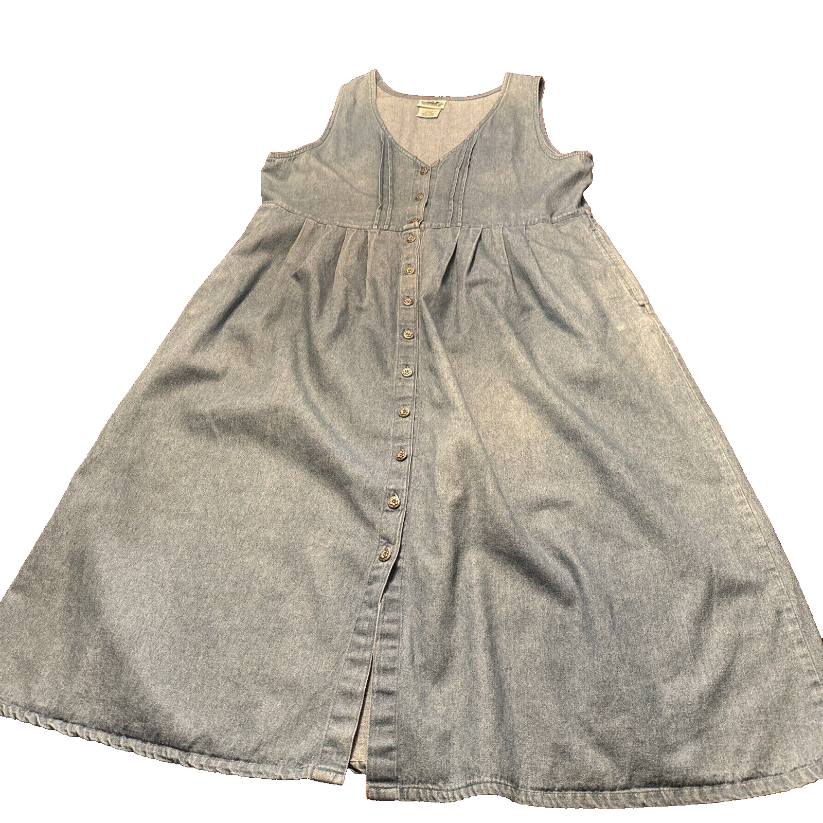 VTG 80s Denim Jean RETRO Loose Midi Button Up Slit Pockets Dress WOMENS XLARGE