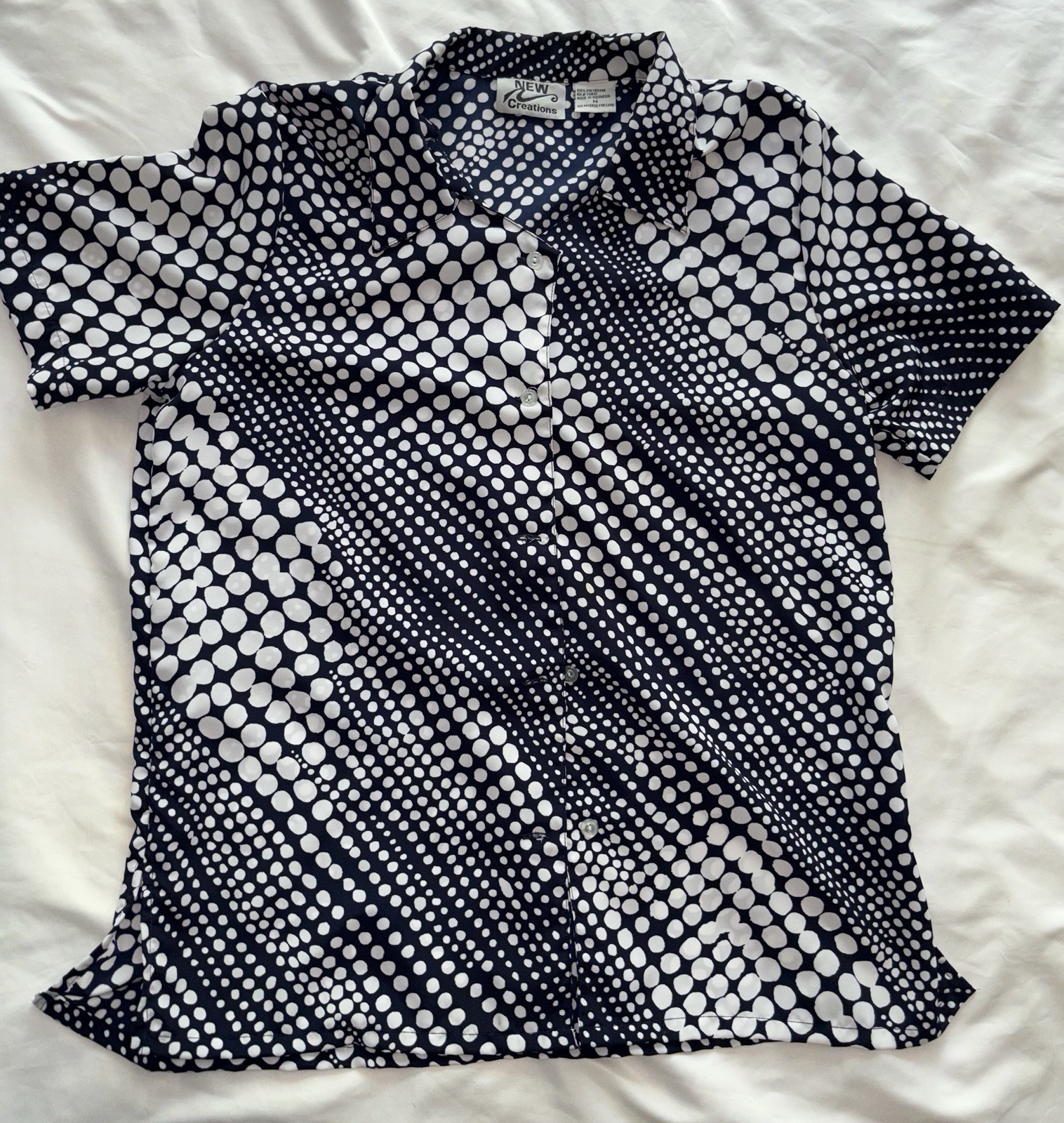 Vintage Dark Blue Polka Dot Blouse White Spots Pinup Shirt Collar Medium Poly