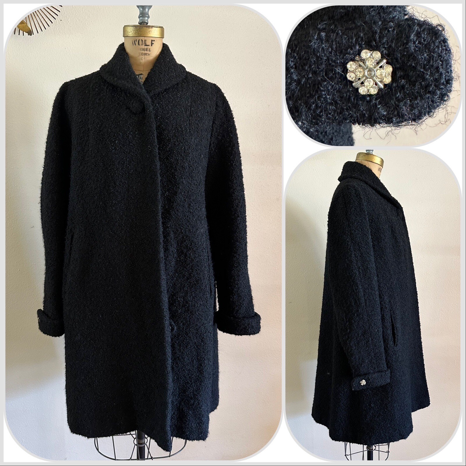 1940s Boucle Wool Swing Coat Holiday Shawl Collar Jacket Rhinestone Cuff 50s VTG
