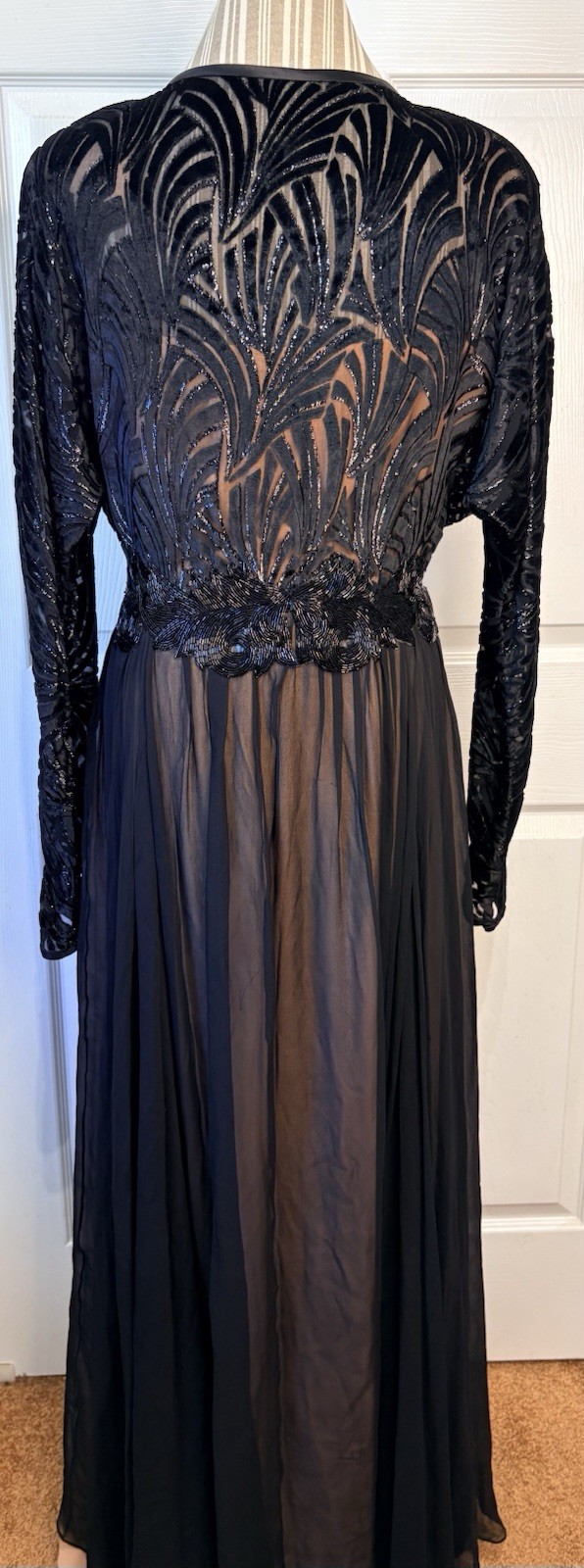 80s NOLAN MILLER Dynasty Black Velvet Burnout 100% Silk Art Deco Gown Size 12/14