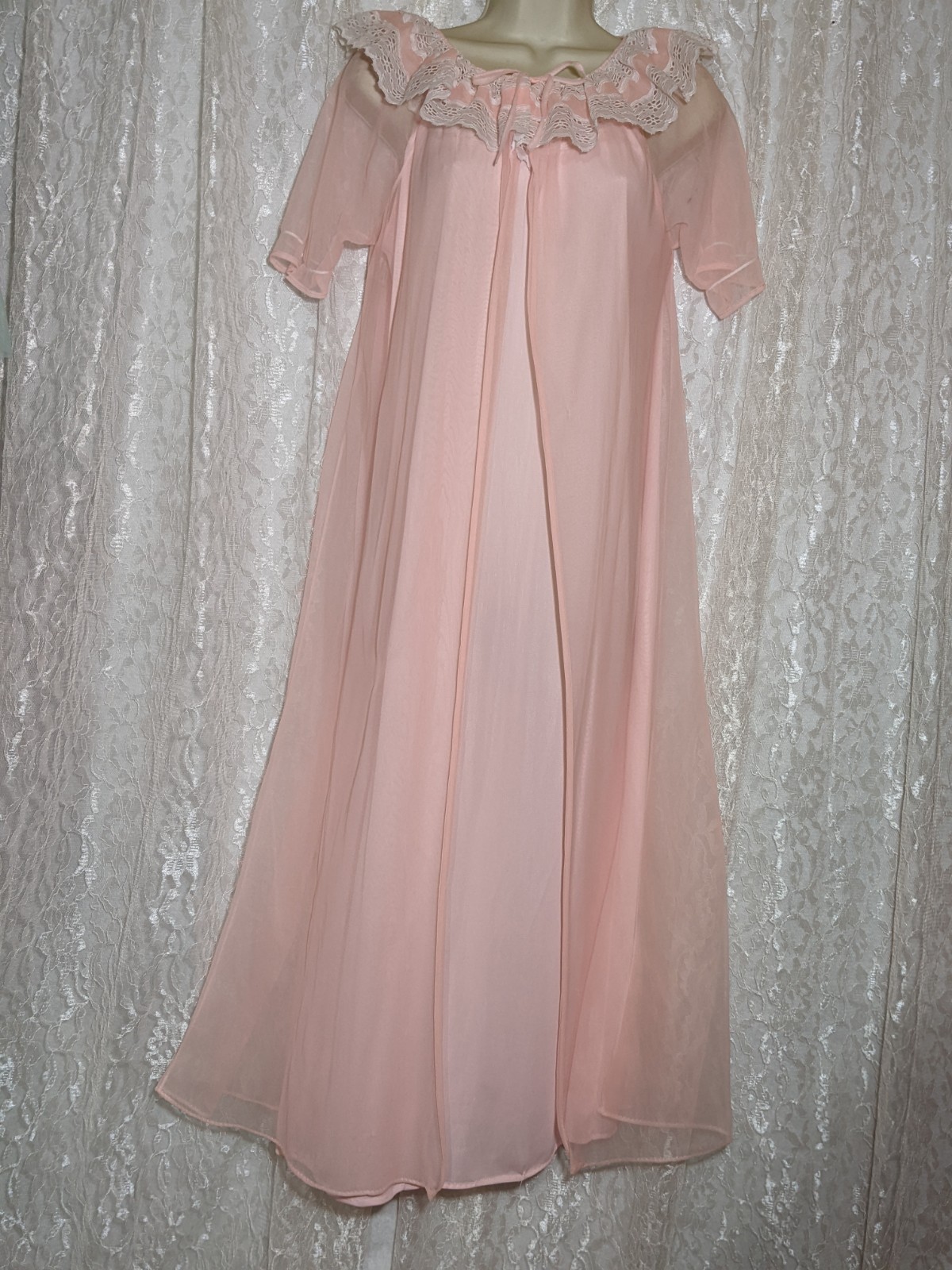 Vintage Pink Nightgown White Lace Chiffon Peignoir Robe Set M