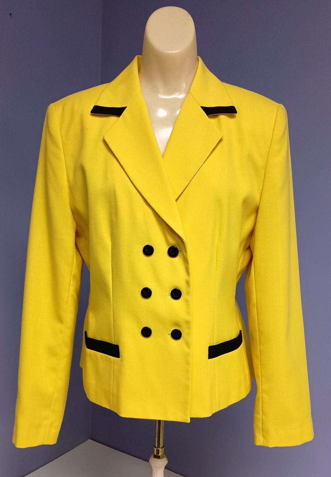Vtg 80’s Executive Collection Yell/Blk Poly/Rayon Double Breasted Blazer Size 8
