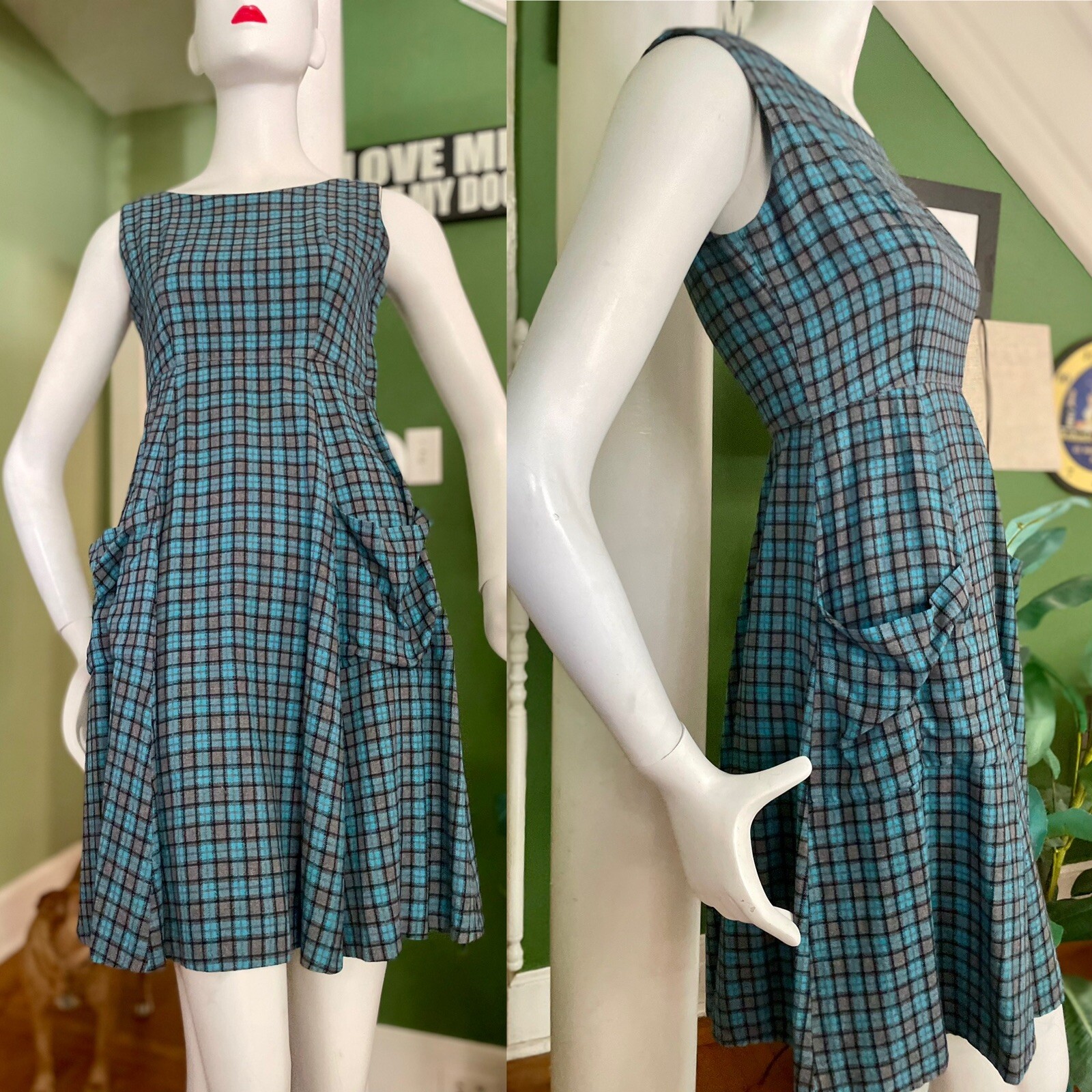 Vtg 50s 40s Cotton Plaid Checked Rockabilly Fall Day Dress 34/24 S ❤️