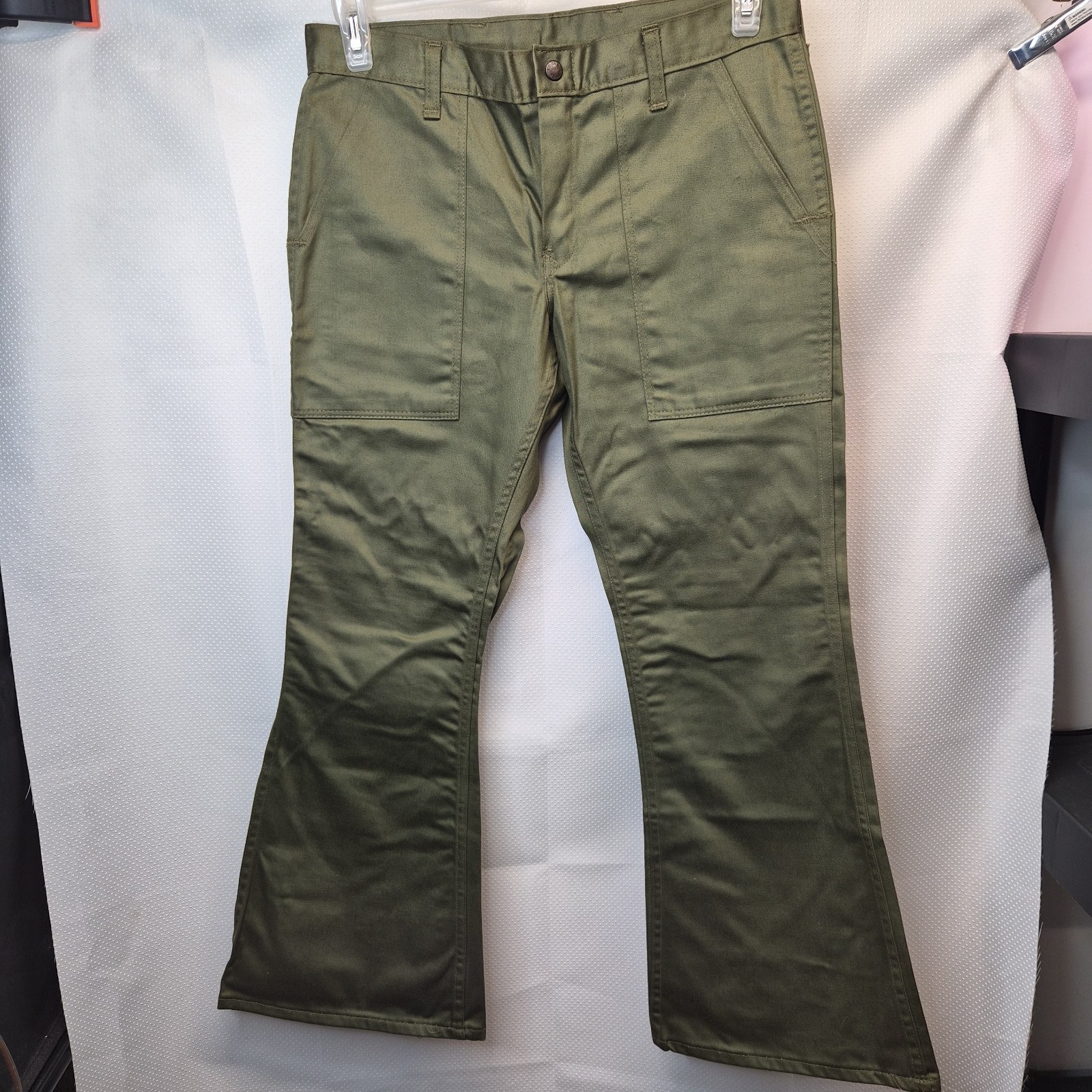 Vintage 60s 70s Cheap Jeans Army Camo Green Flared Khaki Pants 32×28 Military