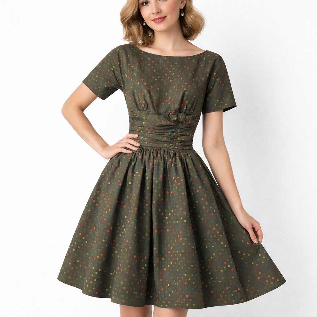 1960s Vintage 32″ Bust Cotton Fit & Flare Green Polkadot Bow Dress #16
